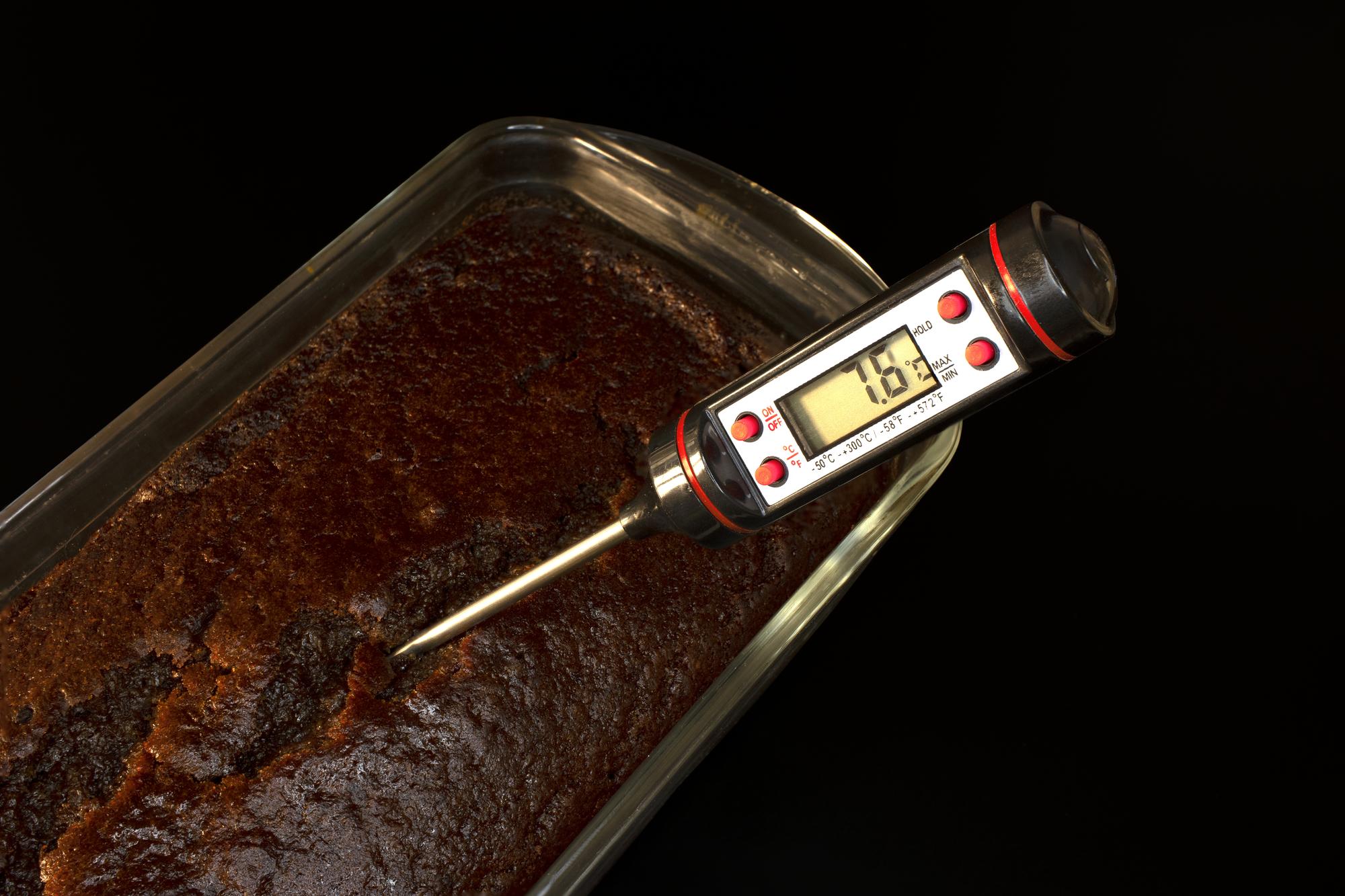 Close-up of calibrated thermometer in seared meat